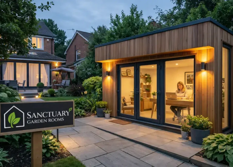 Sanctuary Garden Room with electricity, full electrical installation in Staffordshire Midlands